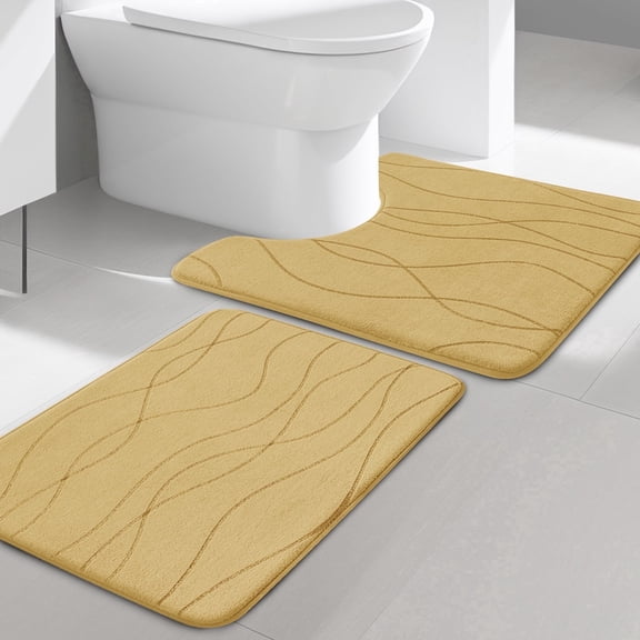 CHAKME 2 Piece Memory Foam Bath Mat Set Non Slip Ultra Absorbent Machine Washable U Shape Toilet Rug Bathroom Floor 24"x20"/24"x16",Ocean Ripple Beige