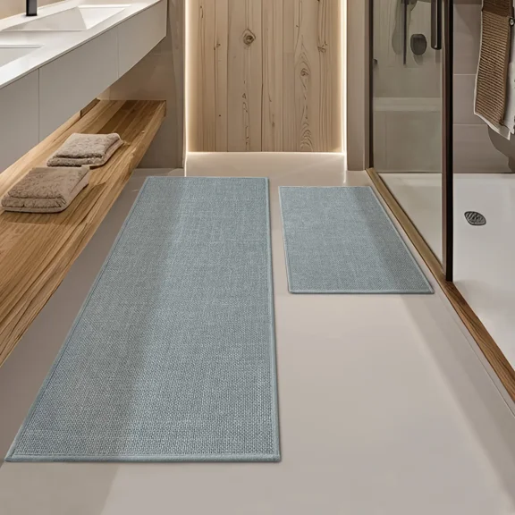 CHAKME 2 Piece Thin Bathroom Rug Set Non Slip Super Absorbent Quick Dry Machine Washable Bath Mat Rubber Backing, 17"x24"+17"x47" LIGHT GRAY