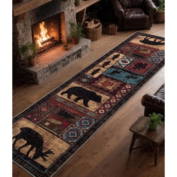 CHAKME 2'x8' Rustic Cabin Lodge Area Rug Machine Washable Non Slip Bear Deer Southwestern Pattern Low Pile Floor Mat Living Room Bedroom
