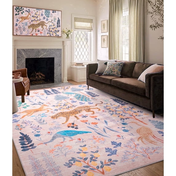 CHAKME 4'x6' Jungle Safari Wild Animal Area Rug Machine Washable Non Slip Leopard Bird Botanical Plant Low Pile Floor Carpet Living Room Dining Room Bedroom