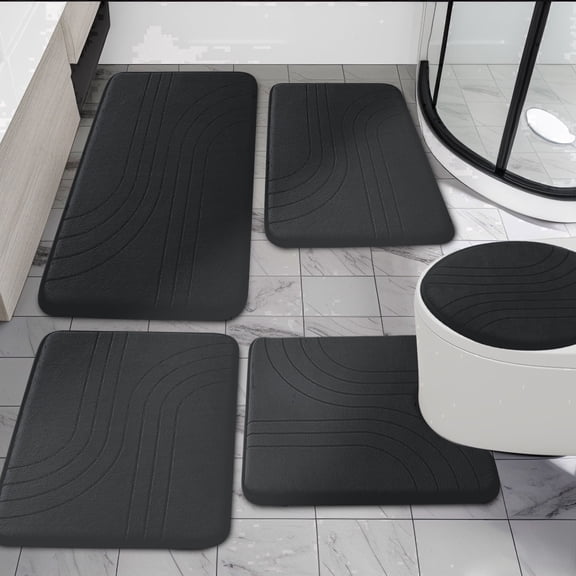 CHAKME 5 Pcs Bathroom Rugs Set Non Slip Absorbent Machine Washable Large 20"x46" & 32"x20" Long 24"x17" Small 18"x16" U Shaped 24"x20" Memory Foam Toilet Mat, Zen Garden Ripple black