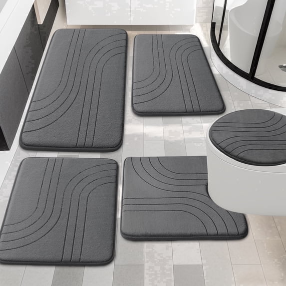 CHAKME 5 Pcs Bathroom Rugs Set Non Slip Absorbent Machine Washable Large 20"x46" & 32"x20" Long 24"x17" Small 18"x16" U Shaped 24"x20" Memory Foam Toilet Mat, Zen Garden Ripple Dark gray