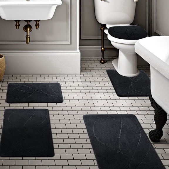 CHAKME 5 Pcs Bathroom Rugs Set Non Slip Absorbent Machine Washable Large 20"x46" & 32"x20" Long 24"x17" Small 18"x16" U Shaped 24"x20" Memory Foam Toilet Mat, Interlocking Spirals black