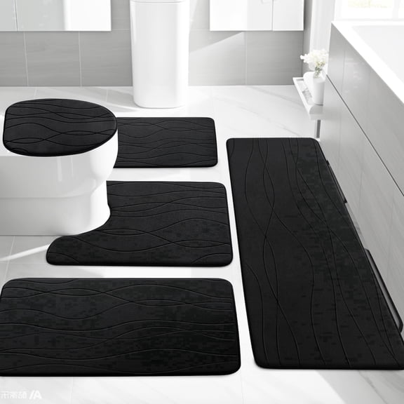 CHAKME 5 Piece Bathroom Rug Set Non Slip Ultra Absorbent Machine Washable Memory Foam Large 20"x46" & 32"x20" Long 24"x17" Small 18"x16" U Shape Contour 24"x20" Toilet Mat Ocean Ripple black