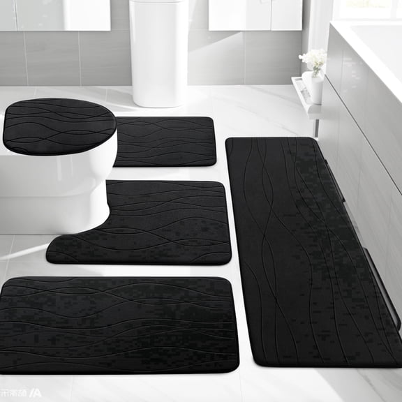 CHAKME 5 Piece Bathroom Rug Set Non Slip Ultra Absorbent Machine Washable Memory Foam Large 20"x46" & 32"x20" Long 24"x17" Small 18"x16" U Shape Contour 24"x20" Toilet Mat Ocean Ripple black