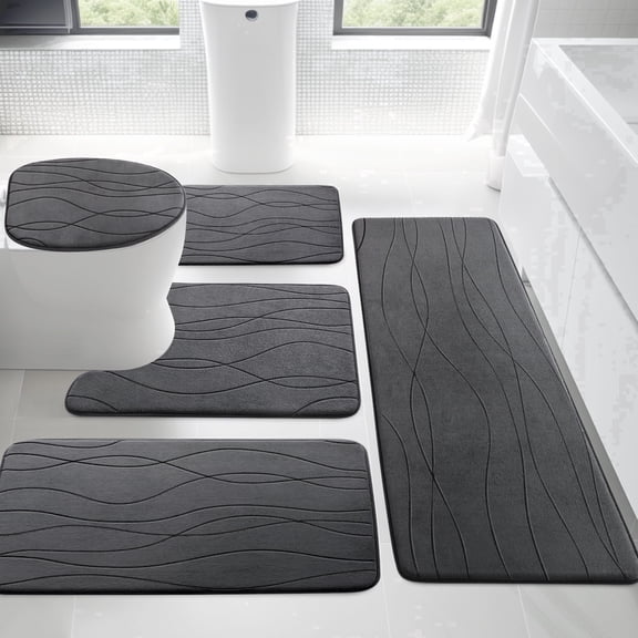 CHAKME 5 Piece Bathroom Rug Set Non Slip Ultra Absorbent Machine Washable Memory Foam Large 20"x46" & 32"x20" Long 24"x17" Small 18"x16" U Shape Contour 24"x20" Toilet Mat Ocean Ripple Dark gray