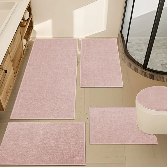 CHAKME 5 Piece Bathroom Rug Set Non Slip Washable Thin Super Absorbent Quick Dry Bath Mat Rubber Backing Shower Tub Floor Toilet Rugs PINK