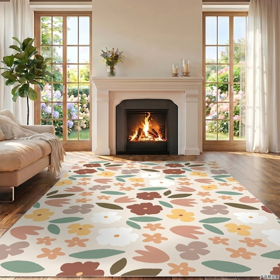 CHAKME 5'x7'Area Rugs Washable Non Slip Floral Carpets for Living Room Bedroom Kitchen Office Large Rugs Cottage Farmhouse Dining Room Oriental Flower Rugs, Light beige