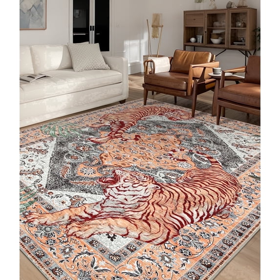 CHAKME 5'x7' Vintage Tiger Area Rugs Non Slip Machine Washable Vintage Boho Carpet Low Pile Print Bedroom Dining Room Home Office Rug,Beige