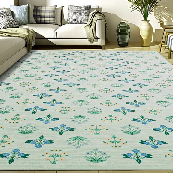 CHAKME 5'x7' Washable Non Slip Area Rug Ultra Soft Floral Carpet Living Room Large Vintage Green American Country Flower Rugs Distressed Retro Farmhouse Floor Mat, Blue Green