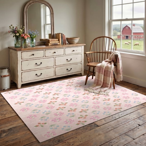 CHAKME 5'x7' Washable Non Slip Area Rug Ultra Soft Floral Carpet Living Room Large Vintage Green American Country Flower Rugs Distressed Retro Farmhouse Floor Mat, Pink Green