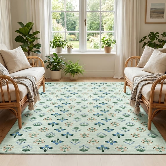 CHAKME 6'x9' Washable Non Slip Area Rug Ultra Soft Floral Carpet Living Room Large Vintage Green American Country Flower Rugs Distressed Retro Farmhouse Floor Mat, Blue Green