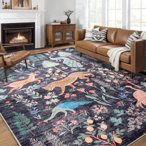 CHAKME 8'x10' Jungle Safari Wild Animal Area Rug Machine Washable Non Slip Leopard Bird Botanical Plant Low Pile Floor Carpet Living Room Dining Room Bedroom