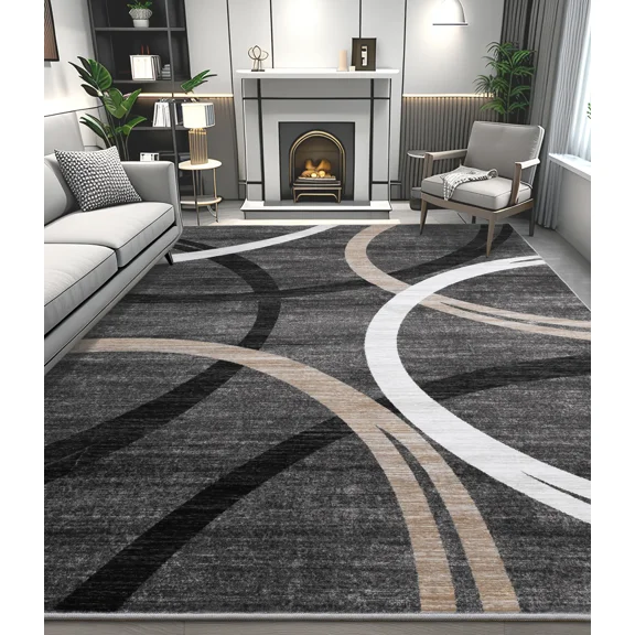 CHAKME 9'x12' Abstract Modern Area Rug Machine Washable Non Slip Black Grey White Geometric Curve Lines Carpet Low Pile Floor Living Room Bedroom Office Mat