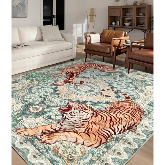CHAKME 9'x12' Vintage Tiger Area Rug, Boho Traditional Washable Rug Living Room Bedroom Dining Sunroom Distressed Botanical Floral Accent Carpet, Green