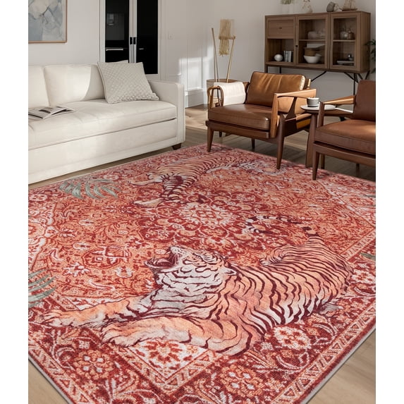 CHAKME 9'x12' Vintage Tiger Area Rugs Non Slip Machine Washable Vintage Boho Carpet Low Pile Print Bedroom Dining Room Home Office Rug,Red