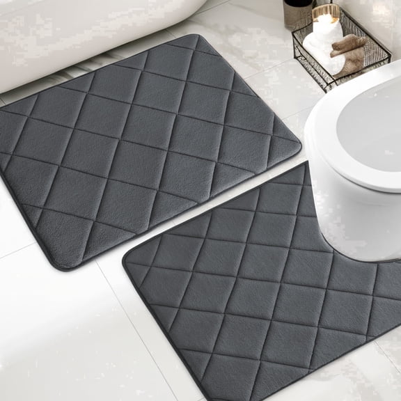 CHAKME Memory Foam Bath Mat Set Non Slip Super Absorbent Machine Washable U Shape Toilet Rug 24"x20"/24"x16" Bathroom Floor,Rustic Lattice Dark gray