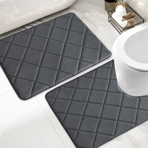CHAKME Memory Foam Bath Mat Set Non Slip Super Absorbent Machine Washable U Shape Toilet Rug 24"x20"/24"x16" Bathroom Floor,Rustic Lattice Dark gray