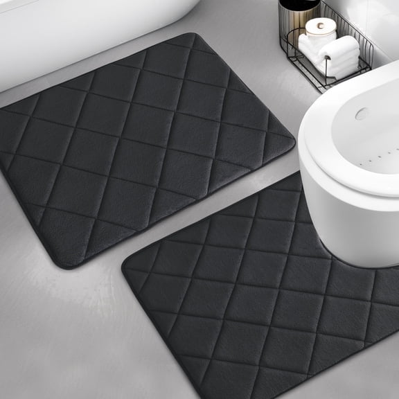 CHAKME Memory Foam Bath Mat Set Non Slip Super Absorbent Machine Washable U Shape Toilet Rug 24"x20"/24"x16" Bathroom Floor,Rustic Lattice black