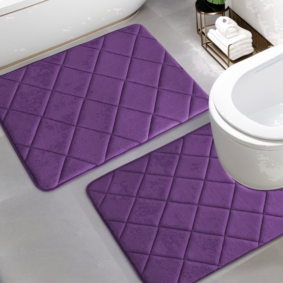CHAKME Memory Foam Bath Mat Set Non Slip Super Absorbent Machine Washable U Shape Toilet Rug 24"x20"/24"x16" Bathroom Floor,Rustic Lattice purple