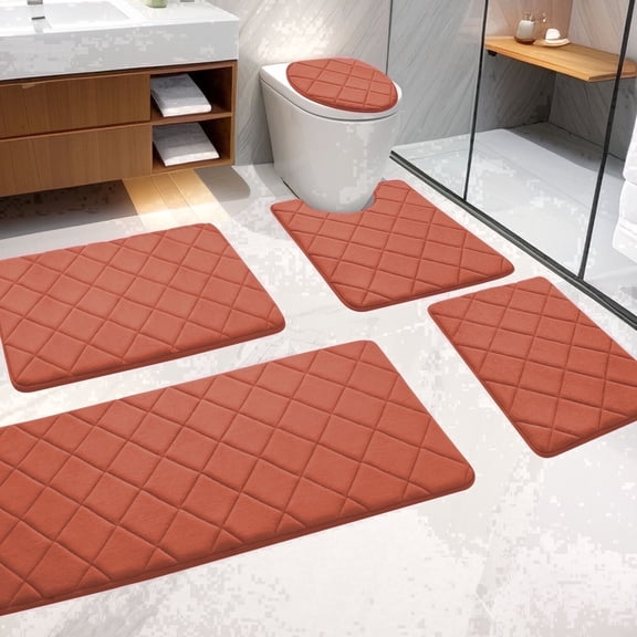 CHAKME Non Slip Machine Washable 5 Piece Bath Rug Set Memory Foam Ultra Absorbent Large 20"x46" & 32"x20" Long 24"x17" Small 18"x16" U Shape Contour 24"x20" Bathroom Mat Rustic Lattice orange