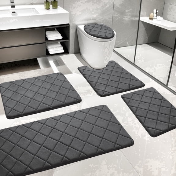 CHAKME Non Slip Machine Washable 5 Piece Bath Rug Set Memory Foam Ultra Absorbent Large 20"x46" & 32"x20" Long 24"x17" Small 18"x16" U Shape Contour 24"x20" Bathroom Mat Rustic Lattice Dark gray
