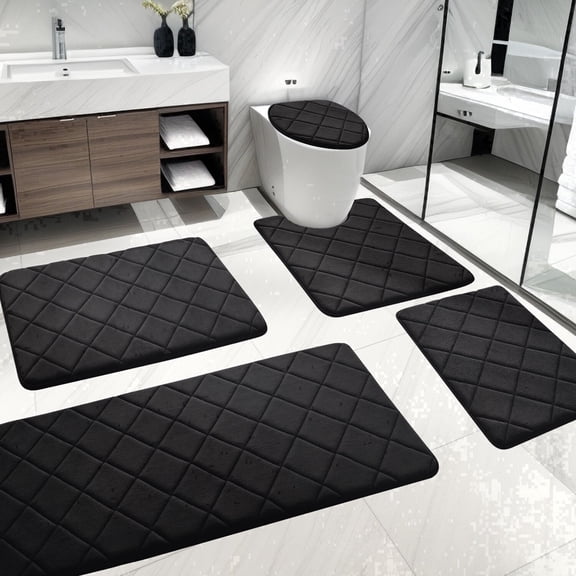 CHAKME Non Slip Machine Washable 5 Piece Bath Rug Set Memory Foam Ultra Absorbent Large 20"x46" & 32"x20" Long 24"x17" Small 18"x16" U Shape Contour 24"x20" Bathroom Mat Rustic Lattice black