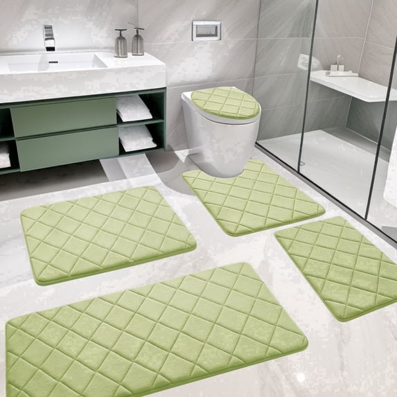 CHAKME Non Slip Machine Washable 5 Piece Bath Rug Set Memory Foam Ultra Absorbent Large 20"x46" & 32"x20" Long 24"x17" Small 18"x16" U Shape Contour 24"x20" Bathroom Mat Rustic Lattice green