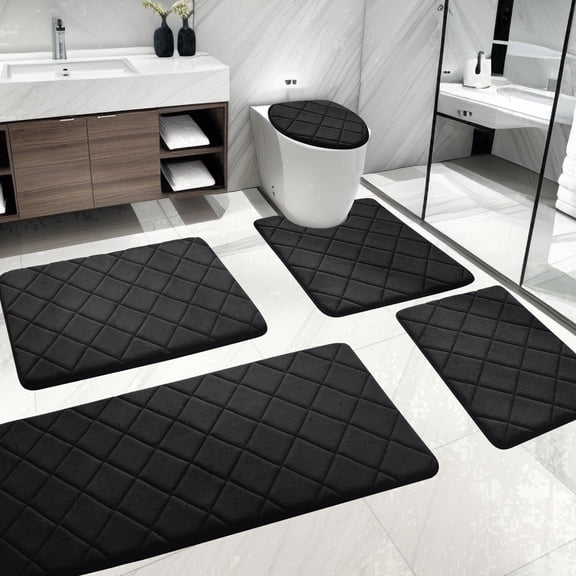 CHAKME Non Slip Machine Washable 5 Piece Bath Rug Set Memory Foam Ultra Absorbent Large 20"x46" & 32"x20" Long 24"x17" Small 18"x16" U Shape Contour 24"x20" Bathroom Mat Rustic Lattice black