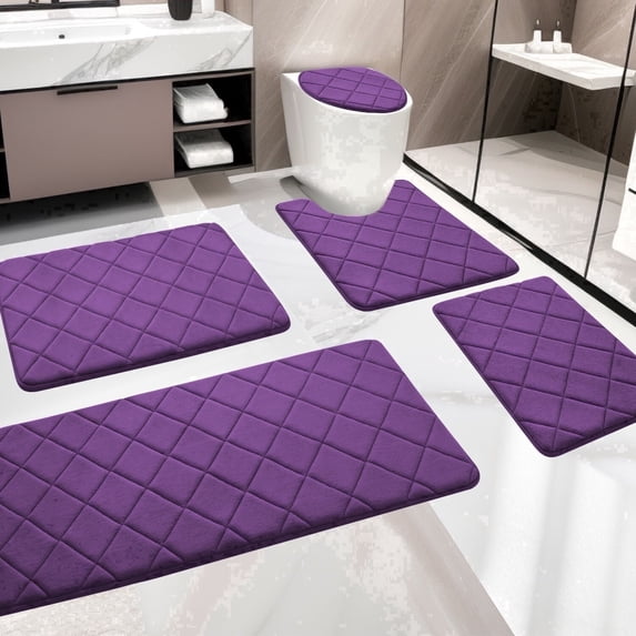 CHAKME Non Slip Machine Washable 5 Piece Bath Rug Set Memory Foam Ultra Absorbent Large 20"x46" & 32"x20" Long 24"x17" Small 18"x16" U Shape Contour 24"x20" Bathroom Mat Rustic Lattice purple