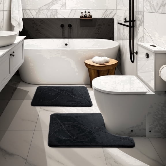 CHAKME Non Slip Memory Foam Bath Rug Set Ultra Absorbent Machine Washable Quick Dry Bathroom Floor Mat U Shape Toilet,Interlocking Spirals black
