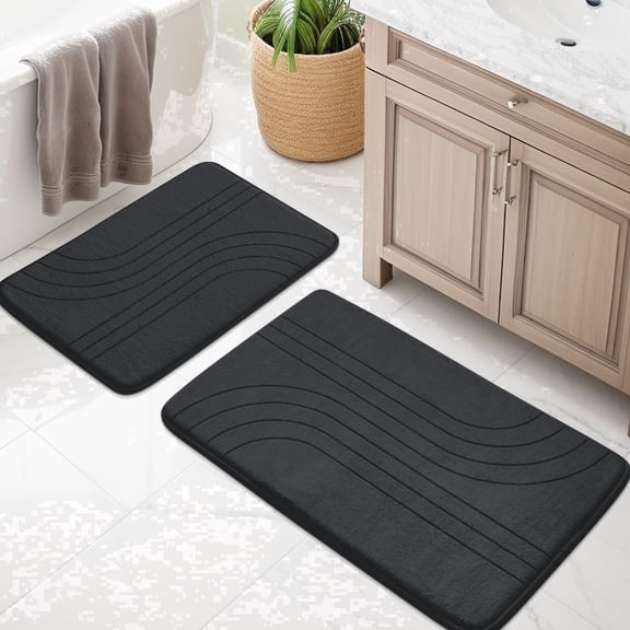CHAKME Non Slip Memory Foam Bath Rug Set Ultra Absorbent Machine Washable Quick Dry Bathroom Floor Mat U Shape Toilet,Zen Garden Ripple black
