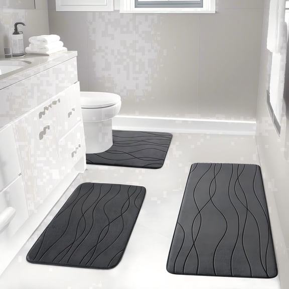 CHAKME Set of 3 Absorbent Memory Foam Bath Mat Set Bathroom Rugs, Ocean Ripple Dark gray, Large 20"x32", Small 17"x24", Contour 24"x20"