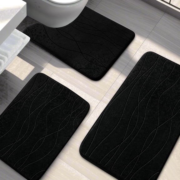 CHAKME Set of 3 Absorbent Memory Foam Bath Mat Set Bathroom Rugs, Ocean Ripple black, Large 20"x32", Small 17"x24", Contour 24"x20"