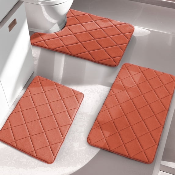 CHAKME Set of 3 Absorbent Memory Foam Bath Mat Set Bathroom Rugs, Rustic Lattice orange, Large 20"x32", Small 17"x24", Contour 24"x20"