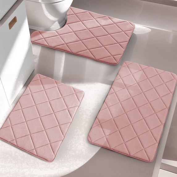 CHAKME Set of 3 Absorbent Memory Foam Bath Mat Set Bathroom Rugs, Rustic Lattice pink, Large 20"x32", Small 17"x24", Contour 24"x20"