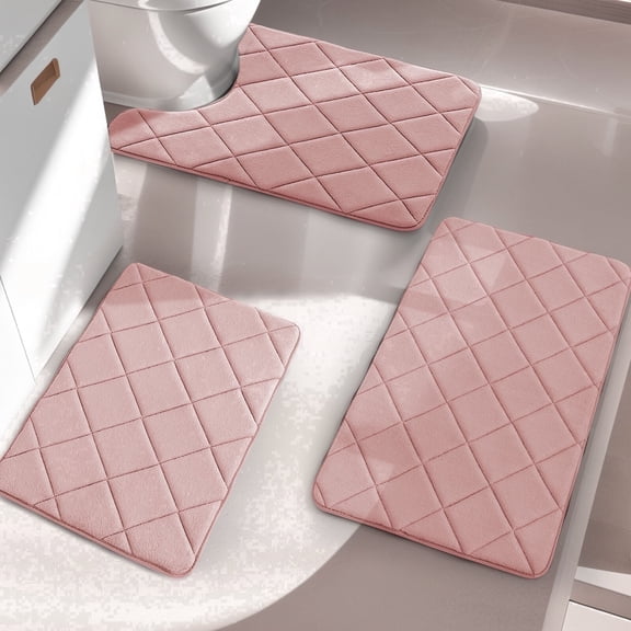 CHAKME Set of 3 Absorbent Memory Foam Bath Mat Set Bathroom Rugs, Rustic Lattice pink, Large 20"x32", Small 17"x24", Contour 24"x20"