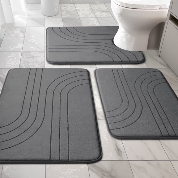 CHAKME Set of 3 Absorbent Memory Foam Bath Mat Set Bathroom Rugs, Zen Garden Ripple Dark gray, Large 20"x32", Small 17"x24", Contour 24"x20"