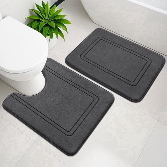 CHAKME U Shape Bath Mat Set 24"x20"&24"x16" Non Slip Super Absorbent Machine Washable Bathroom Memory Foam Floor Rug Toilet,Classic Greek Key Dark gray