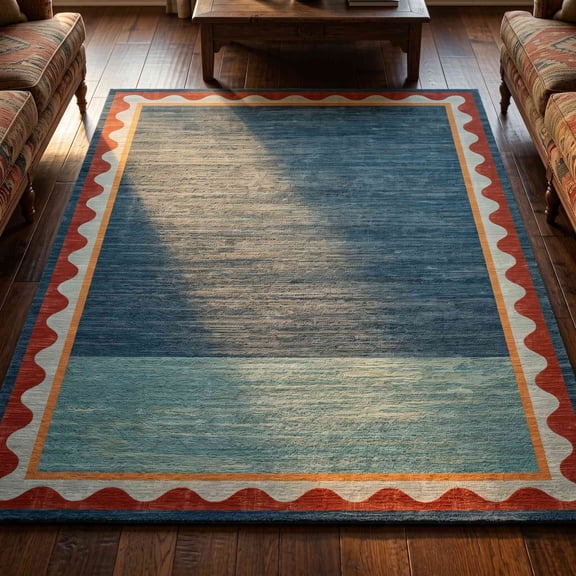 CHAKME Vintage Boho 8X10 Area Rug with Scalloped Edge - Washable Soft Moroccan Geometric Carpet, Non Slip Foldable Aztec Style Rug for Living Room Bedroom, Navy & Red