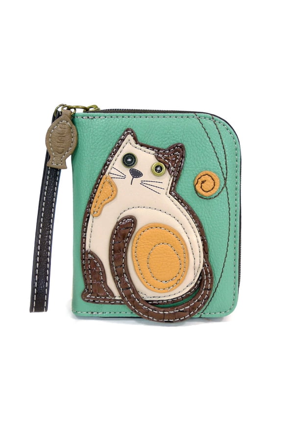 Zip Around Wallet, Wristlet, 8 Credit Card Slots, Sturdy Pu Leather - LaZzy Cat - Teal Y101