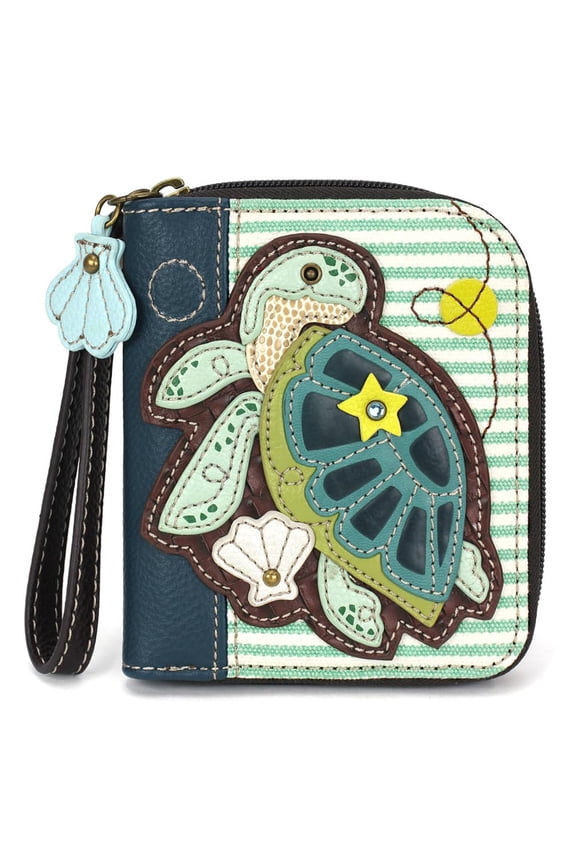 Zip Around Wallet, Wristlet, 8 Credit Card Slots, Sturdy Pu Leather - Turtle A - teal stripe Y101