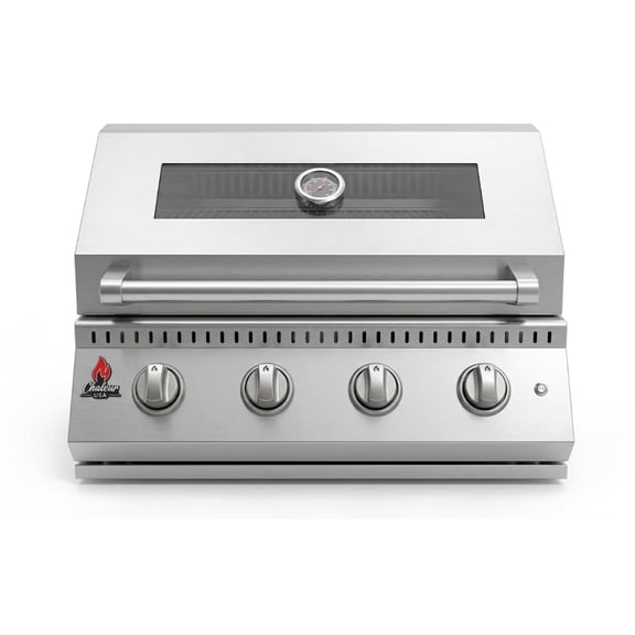 CHALEUR 27" VIEW X 4 GAS GRILL 4-BURNER, Built-In BBQ, 304 Stainless Steel Outdoor Kitchen Grill with Tempered Glass View, Interior Lights, Robust Design for Patio Natural Gas