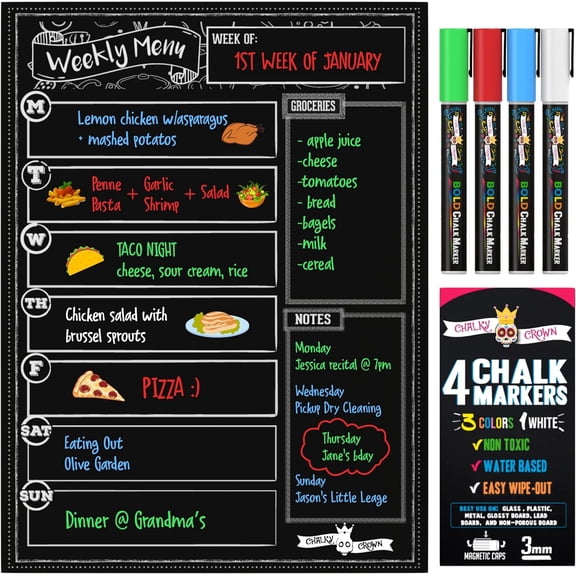 CHALKY CROWN Magnetic Dry Erase Menu Board for Fridge Includes 4 Liquid Chalk Markers - Weekly Meal Planner Blackboard, Grocery List & Notepad for Kitchen Refrigerator - Chalkboard Magnet 15.6" x11.6