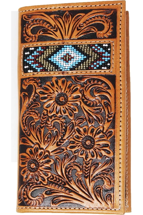 Men's Western Rodeo Wallet Floral Tooled Beaded Leather Checkbook Cover 18FKW86R