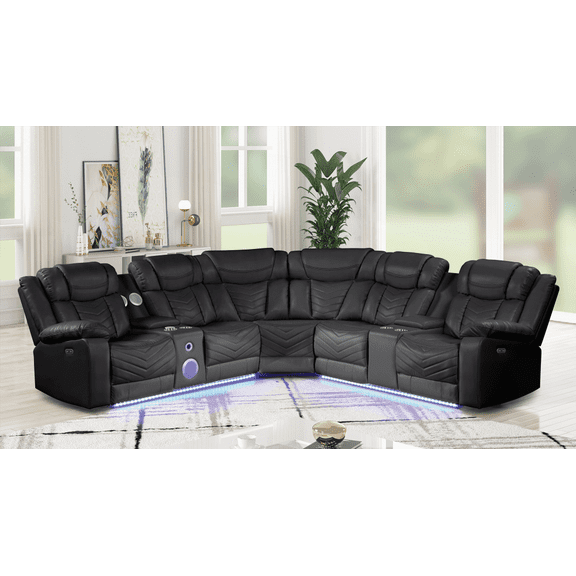 CHALLENGER Modern Recliner Sectional Sofa with USB-C & Bluetooth, Wood & Faux Leather in Black (NJ Inventory)