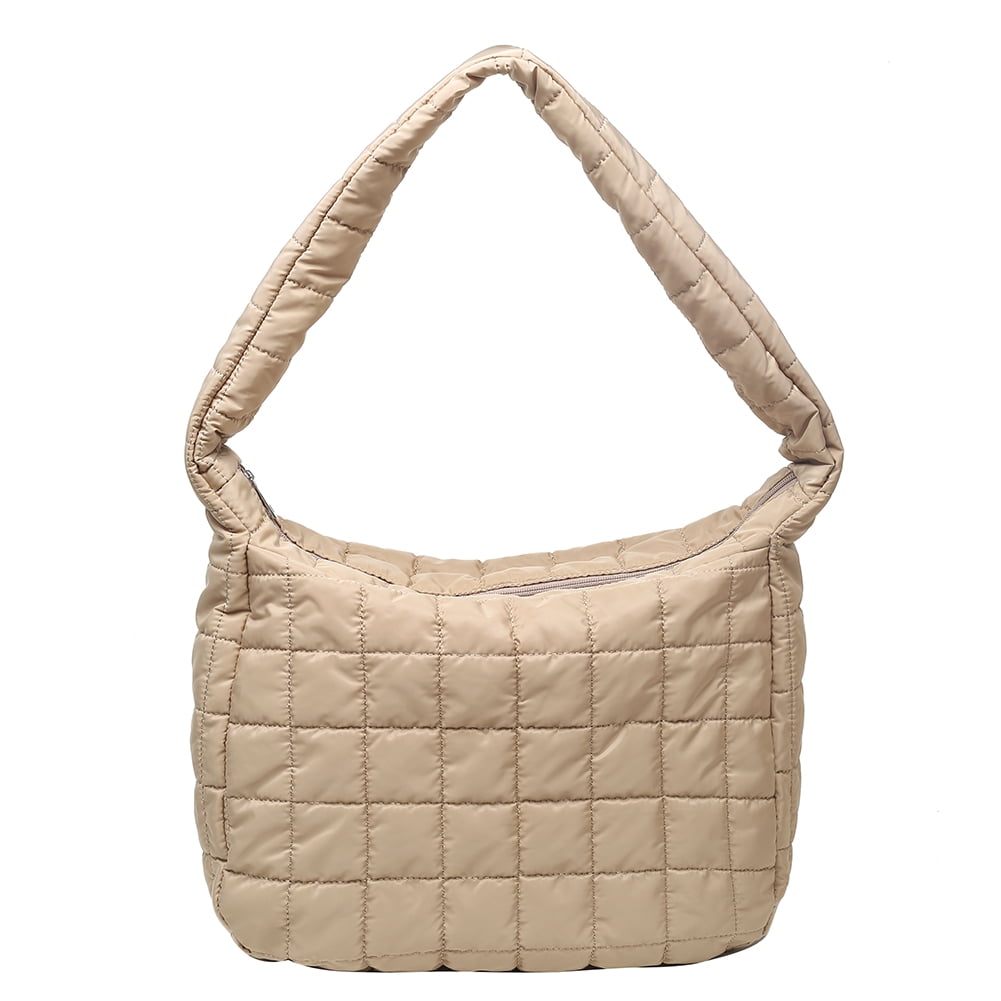 CHAMAIR Retro Quilted Lattice Shoulder Bags Women Nylon Large Shopping Bag  (Beige) 