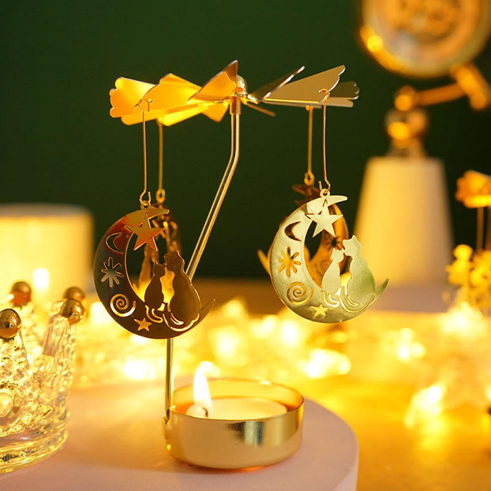 CHAMAIR Romantic Gold Candlestick Rotating Carrousel Tea Light Candle