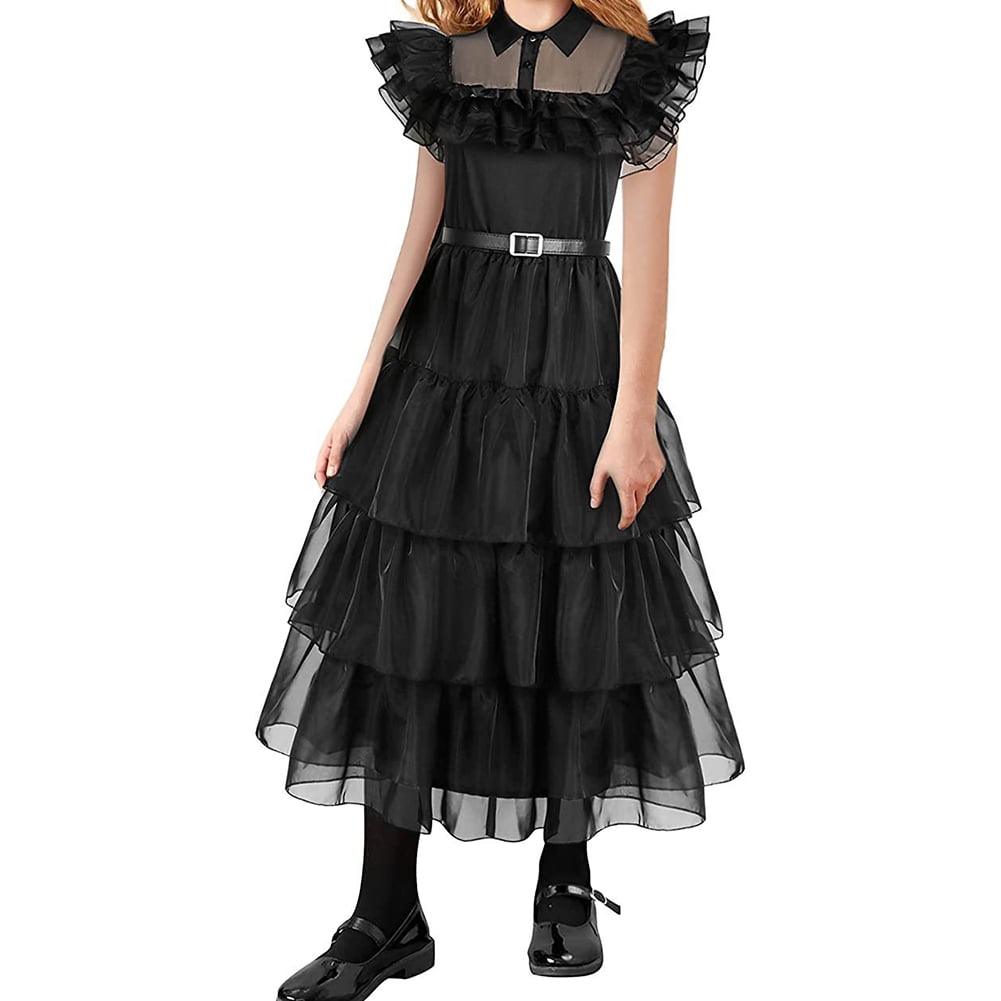  Wednesday Addams Dress Women Kids Girls Black Gothic Tulle Lace  Costume Wednesday Dress with Belt Halloween Cosplay Party : Clothing