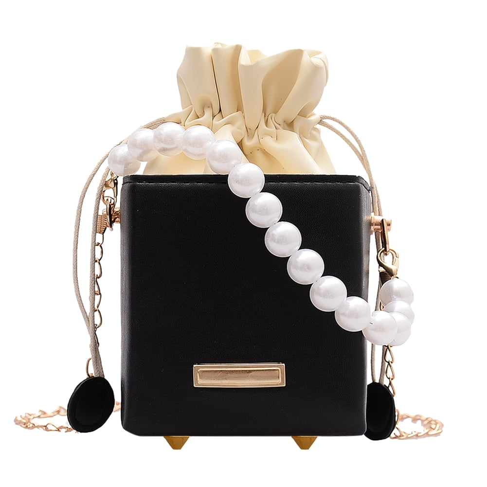 CHAMAIR Women Square Box Shoulder Bag PU Pearl Chain Mini Drawstring Tote  (Black) 